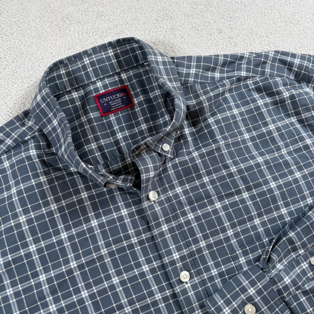Untuckit‎ Lazaret WF Shirt Mens 2XL Gray White Plaid Regular Fit Button Down